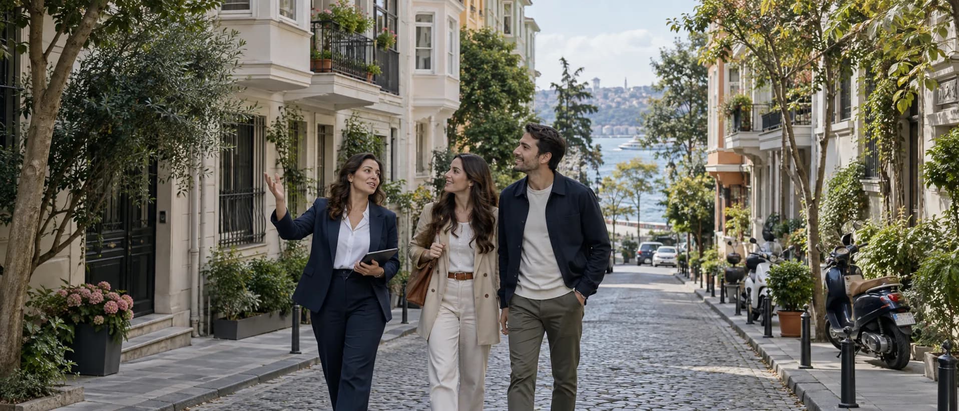 İstanbul’da sakin bir mahalle sokağında bir gayrimenkul danışmanı, genç bir çiftle yürüyerek bir apartmanı gösteriyor.