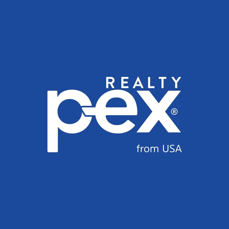 Mavi zemin üzerinde beyaz Pex Realty logosu