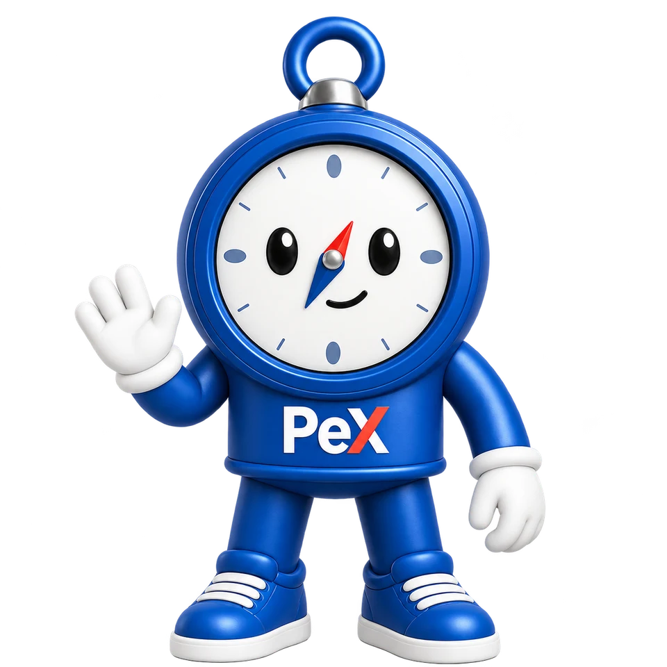 Pexi, pusula yüzlü mavi Pex Realty maskotu, seni karşılıyor.